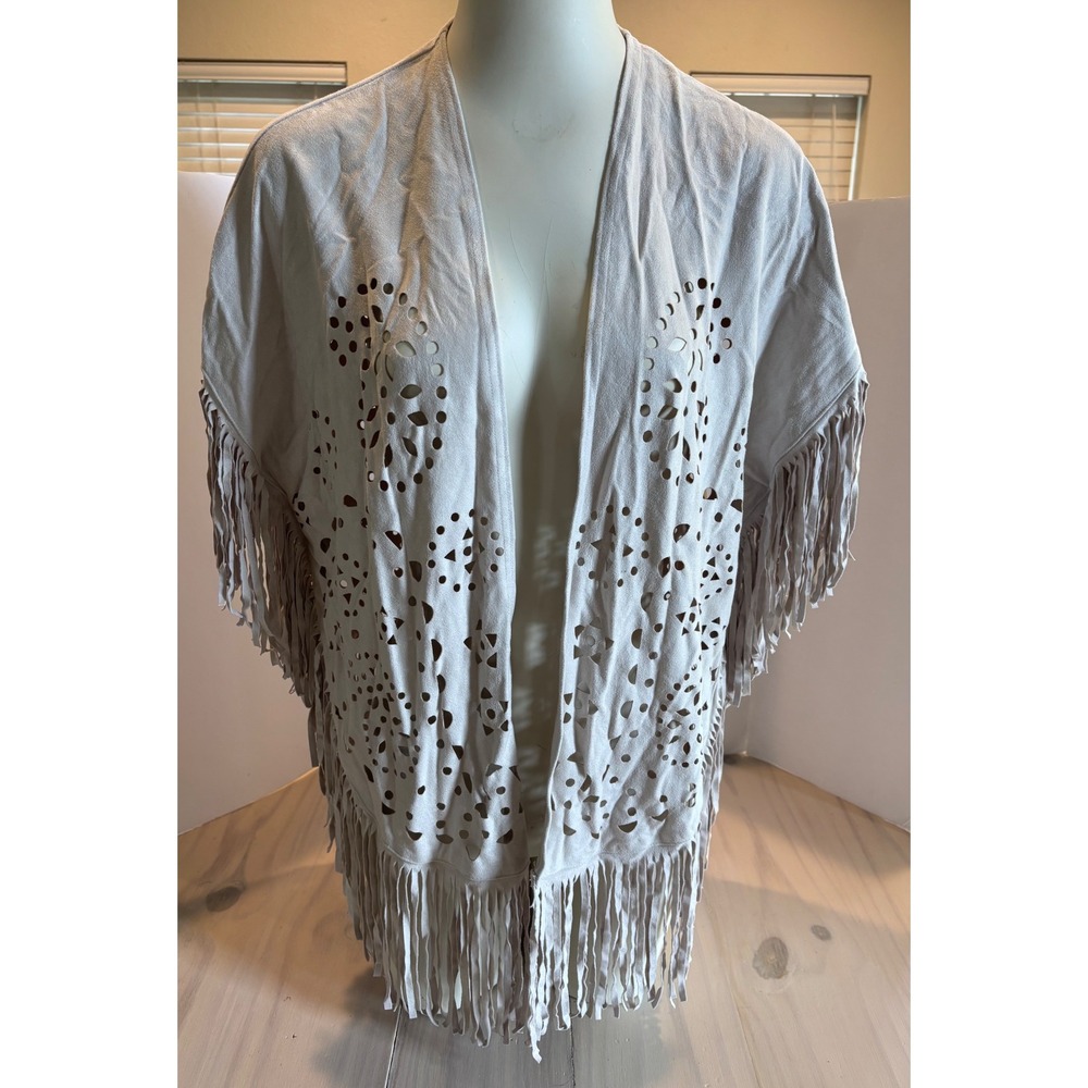 Hollister Womens XS Tan Faux Suede Laser Cut Fringe Boho Festival Kimono Wrap